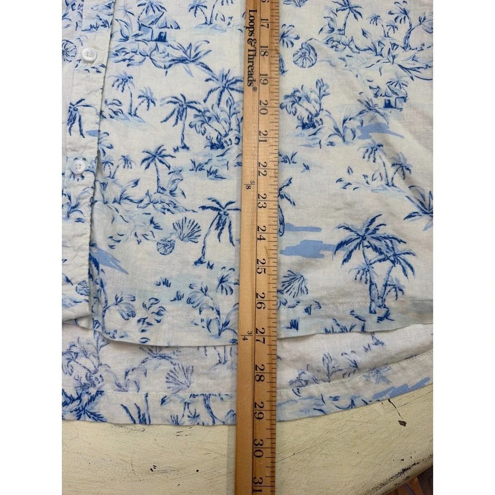 Men's Button Down Linen Blend Shirt  Size 10 Tropical Palm Tree Blue Summer Vaca